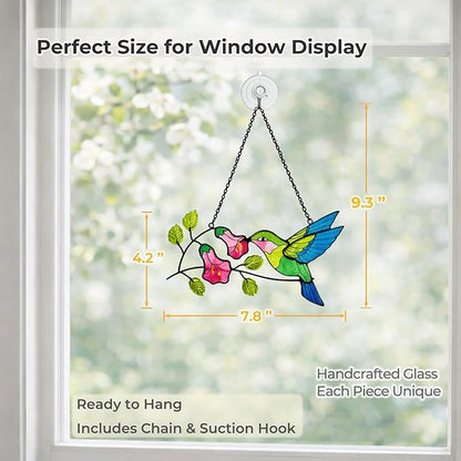 Hummingbird Stained Glass Suncatcher, Handmade Colorful Window Hanging Sun Catcher Ornament for Home & Garden Decor, Great Gift Idea for Bird Lovers & Mom