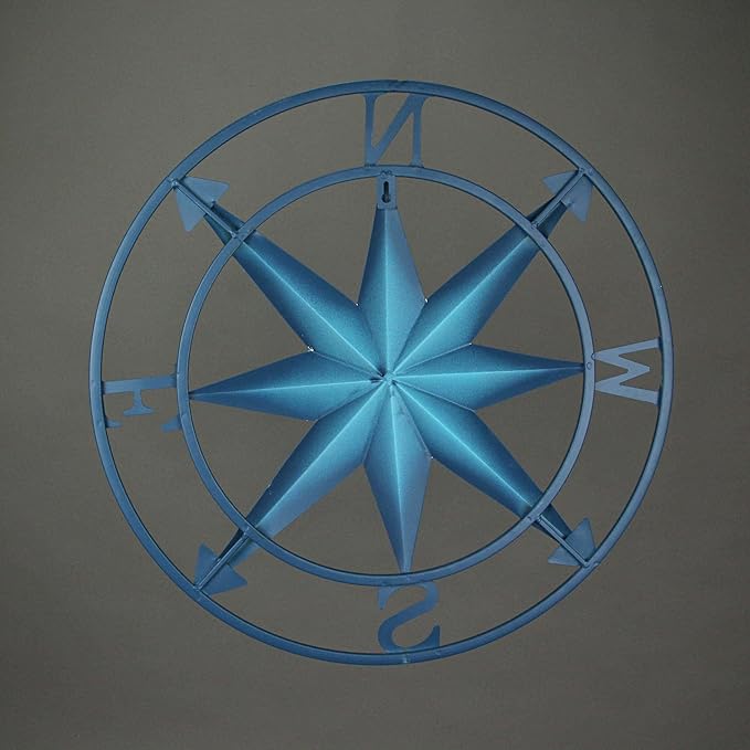 Distressed Blue Metal Compass Rose Wall Decor - Indoor/Outdoor Hanging Art - 20 Inches in Diameter - Easy Install - Coastal Elegance and Nautical Charm