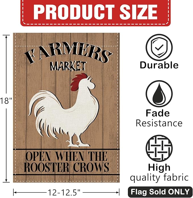 Dyrenson Farmers Market Chicken Decorative Garden Flag, Open When The Rooster Crows Farmhouse Yard Outside Home Decoration, Rustic Country Burlap Outdoor Small Decor Double Sided 12 x 18