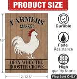 Dyrenson Farmers Market Chicken Decorative Garden Flag, Open When The Rooster Crows Farmhouse Yard Outside Home Decoration, Rustic Country Burlap Outdoor Small Decor Double Sided 12 x 18