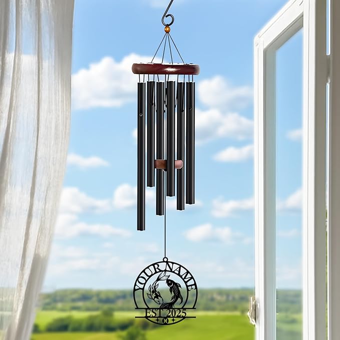 Personalized Customize Name 12 Zodiac Signs Wind Chime, Metal Iron 37 Inch Outdoor Memorial Gift for Garden Yard Patio Home Decor, Black (Pisces)