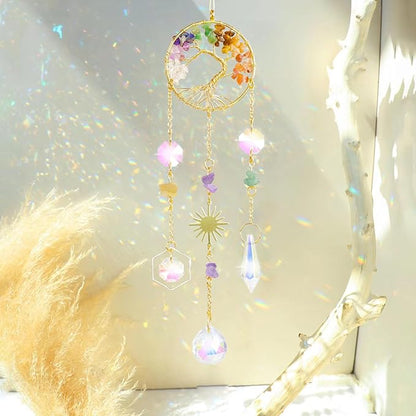 Crystal Sun Catcher, 7 Chakra Tree of Life Crystal Suncatcher Hanging for Indoor Window, Dream Catchers for Car, Spiritual, Rainbow Maker, Garden Home Decor