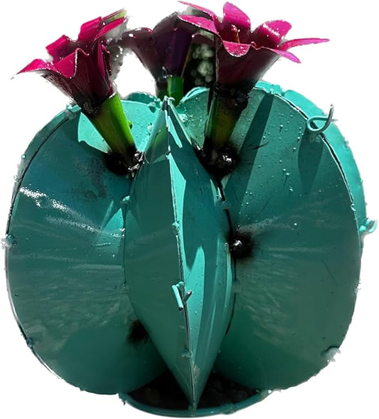 Handmade Metal Bisnaga Cactus with Flowers - Garden Art Decor (Turquoise)