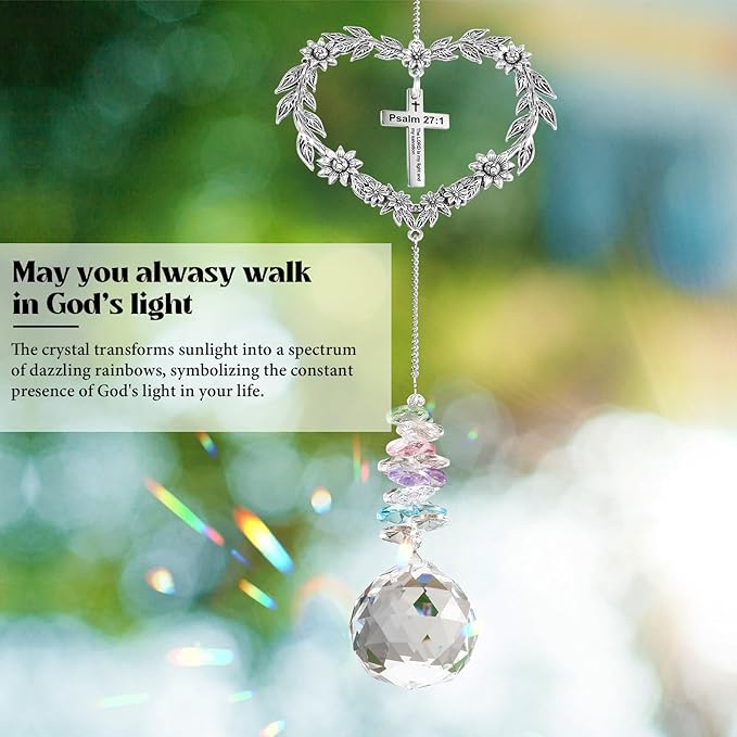 Christian Gifts for Women, Heart-Shaped Suncatcher with Cross - Religious Birthday Ornament with Scripture The Lord is My Light and My Salvation - Inspirational Catholic Spiritual Gifts