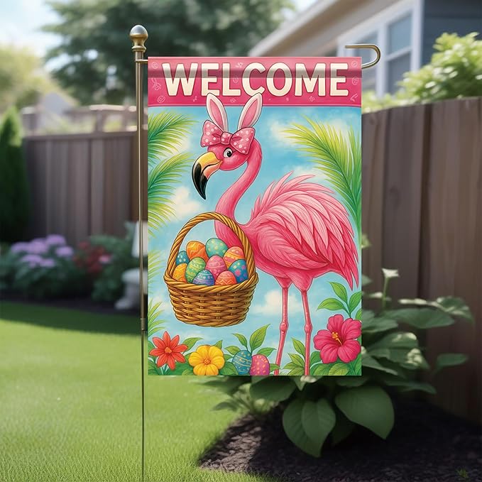 Spring Easter Garden Flag 12x18 Inch Flamingo Bunny Welcome Egg Basket Tropical Floral Design Outdoor Yard Porch Lawn Garden for Seasonal Farmhouse Home Decor