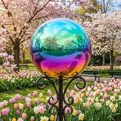 30cm/12 inch Garden Sphere Mirror Gazing Ball,Rainbow Stainless Steel Polished Reflective Smooth Hollow Globe Ball,Durable Colorful and Shiny Decorations Addition to Garden Patio Yard Home