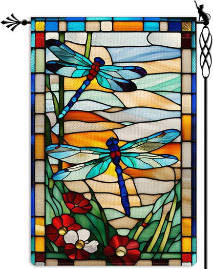 Spring Summer Dragonfly Garden Flag Glass Style Flowers Garden Flag Vertical Double Sided Rustic Farmland Burlap Yard Lawn Outdoor Decor 12.5x18"
