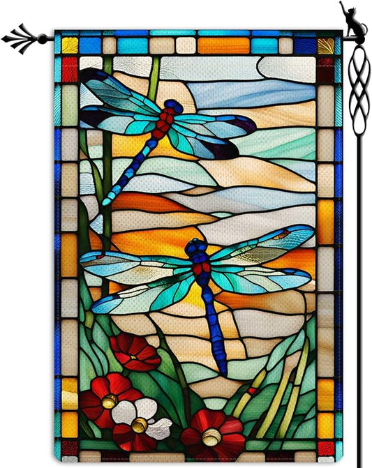 Spring Summer Dragonfly Garden Flag Glass Style Flowers Garden Flag Vertical Double Sided Rustic Farmland Burlap Yard Lawn Outdoor Decor 12.5x18"