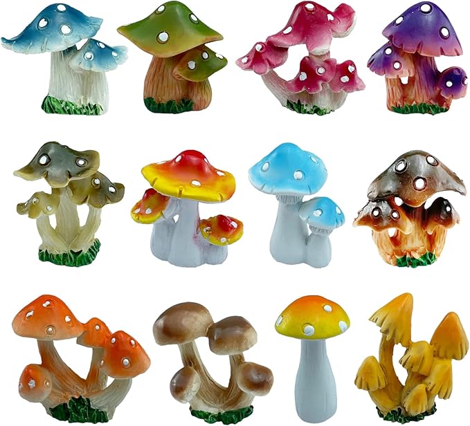 JKanruh 12 Pcs 1.5 to 1.8 Inch Resin Mushroom,Cute Mushrooms Fairy Garden Mushrooms Ornaments for Outdoor Decoration,Home Décor,Cake Decoration,DIY Bonsai Craft …