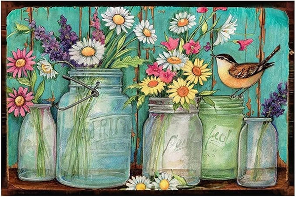 Korrazi Flowers-Sign Metal-Poster Wall-Art Bird-Décor, Colorful Rustic Style Flowers Jars, Yard Garage Farm Outside Garden Plaque Outdoor for Home Fence 8 X 12 Inch