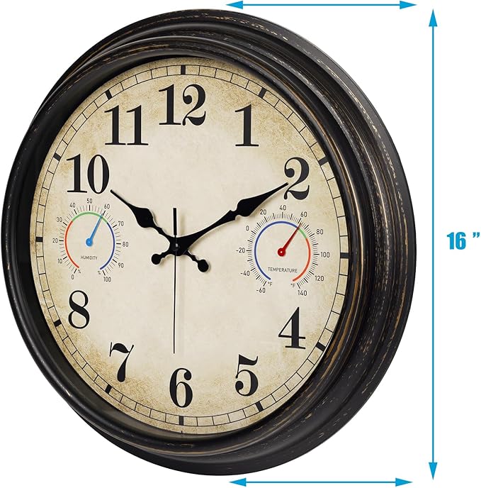 16 Inch Large Outdoor Clock with Thermometer and Hygrometer Combo, Waterproof Indoor Outdoor Wall Clocks for Patio, Pool, Garden, Backyard Decor- Retro Bronze