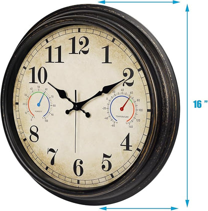 16 Inch Large Outdoor Clock with Thermometer and Hygrometer Combo, Waterproof Indoor Outdoor Wall Clocks for Patio, Pool, Garden, Backyard Decor- Retro Bronze