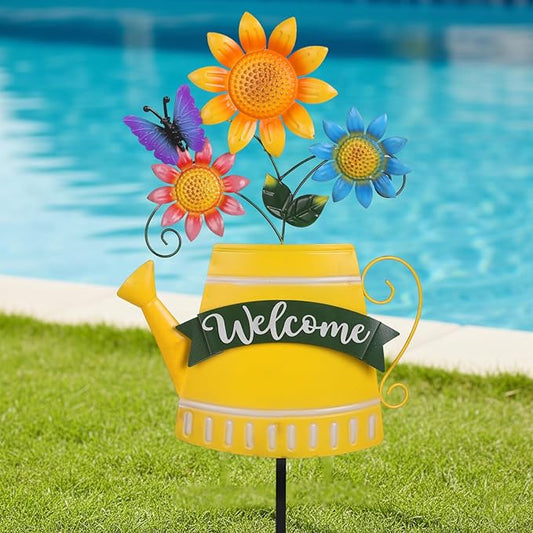 48inch Spring Metal Flowers for Outside with Decorative Butterfly, Tall Flower Garden Stakes Metal Welcome Signs for Outside, Yard, Lawn, Pathway, for Mom