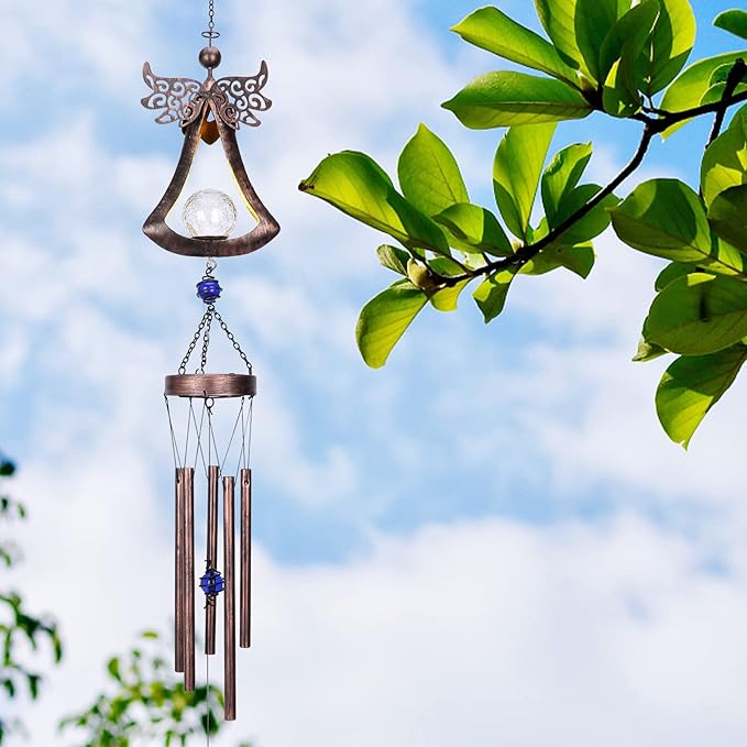 Taman Wind Chime - 42" Angel Solar Lights Wind Chimes Valentine's Day Gift for Outside Crackle Glass Ball LED Decorative Memorial Gift, Aluminum Tubes for Home, Outdoor, Yard, Patio,Garden Decor
