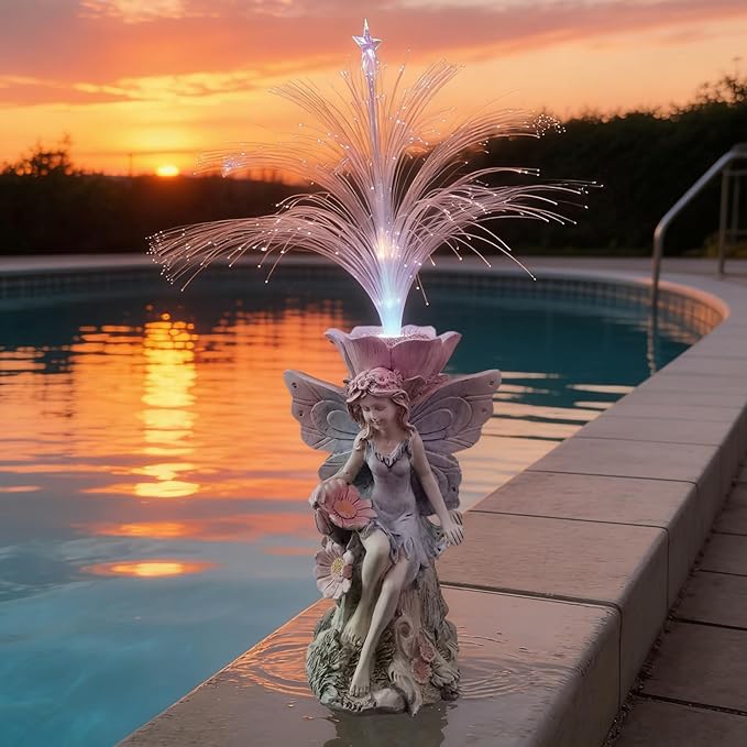 Fairy Garden Decor Statue - 17 inch Solar Flower Fairy Garden Statues With Colour Changing Fiber Optic Lights Outdoor Statues for Yard Patio Balcony, fairies Figurines Gifts for Mom Grandma Women.