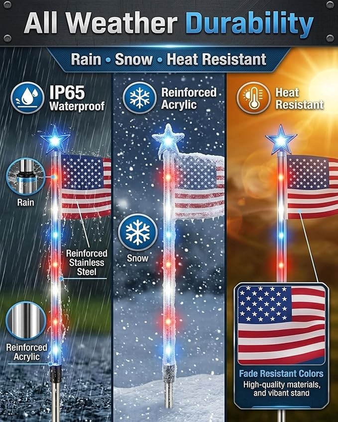 8 Piece Solar American Flag Pathway Lights, 8 Modes Waterproof Patriotic Stake Lights Outdoor for 250th Anniversary, Red White Blue LED Decorative Lighting for 4th of July Garden Yard Decor(8PCS)