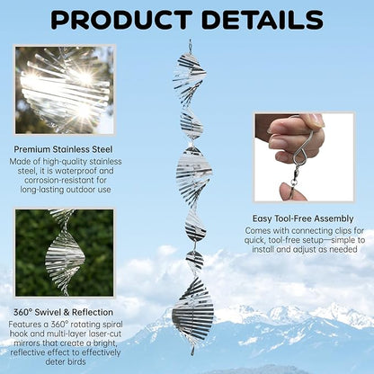 18 Pcs Stainless Steel Bird Deterrents for Outside - 3D Spiral Spinning Windmill Reflective Scare Devices to Keep Birds, Pigeons & Woodpeckers Away from Garden, Yard, Patio, Windows & Fruit Trees