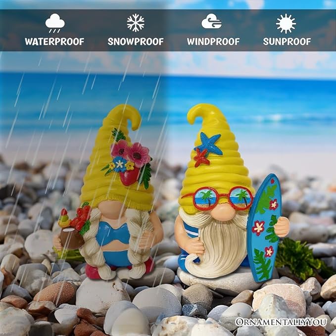 OrnamentallyYou Spring & Summer-Themed Garden Statues – Adorable Outdoor Decor for Lawn, Patio & Porch (Tropical Beach Gnome Duo Figurine Set, Cute 6" Summer Decoration Garden Statue)