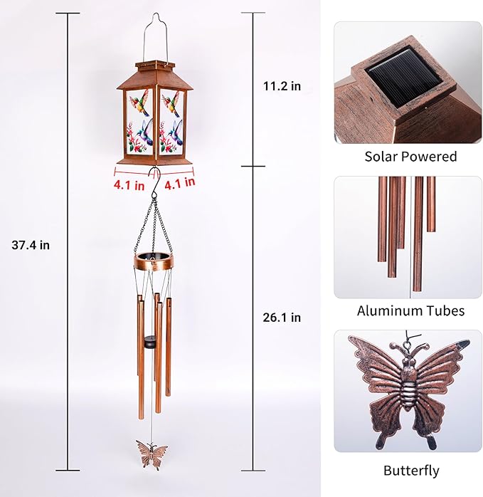 Hummingbird Solar Lighten Wind Chime with Lantern Design - Outdoor Decorative Wind Bells for Garden, Porch, Balcony - Relaxing Nature Sounds- Gifts for mom，Friend，Sister，Grandma