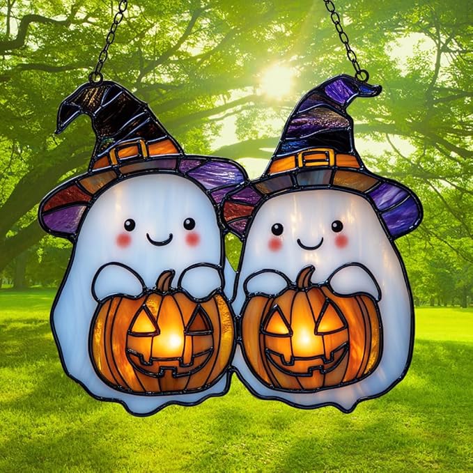 Cute Witch Ghost and Pumpkin Acrylic Suncatcher Stained Glass Effect Window Car Hanging Christmas Ornament Indoor Outdoor Decor Garden Sun Catcher Panel for Halloween Lover for Women Mom Grandma
