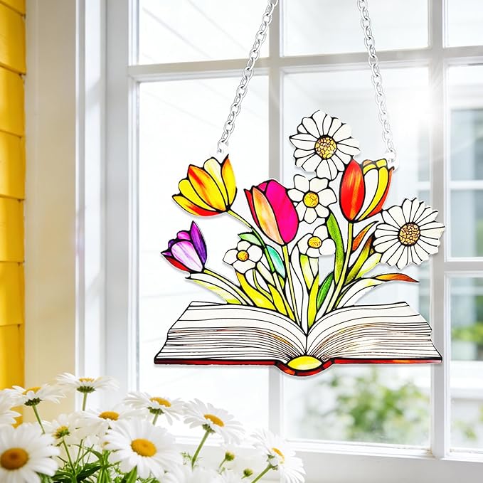 Stained Glass Book for Windows, bookand Flower Hanging Sun Book Indoor Window, Theme Birthday Gifts for hummingbirding Lovers