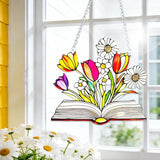 Stained Glass Book for Windows, bookand Flower Hanging Sun Book Indoor Window, Theme Birthday Gifts for hummingbirding Lovers