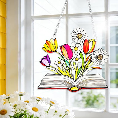 Stained Glass Book for Windows, bookand Flower Hanging Sun Book Indoor Window, Theme Birthday Gifts for hummingbirding Lovers