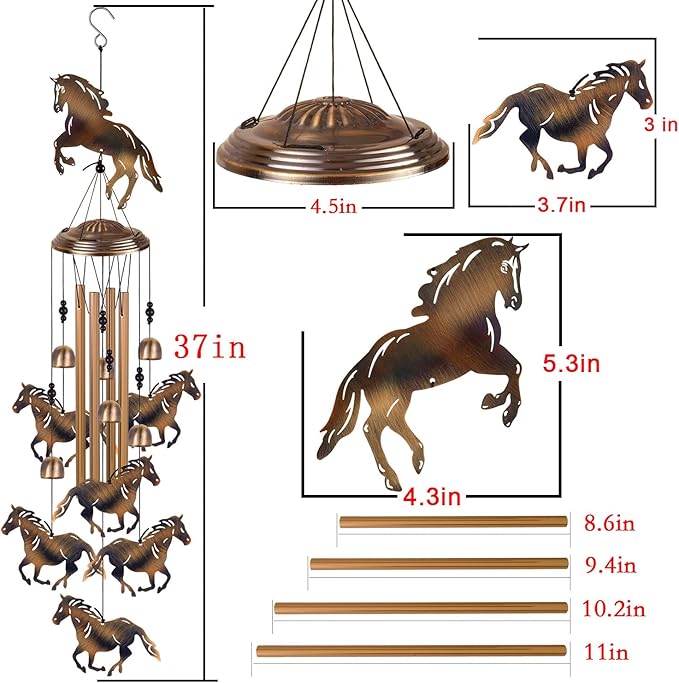 Horses Wind Chimes for Garden/Home/Balcony/Lawn/Tree/Yard/Indoor/Outside Decoration, Retro Wind Catcher, Bronze Horse Decor, Blessing Wind Bells, Memorial WindChimes Gifts for Mom, Grandma, Woman