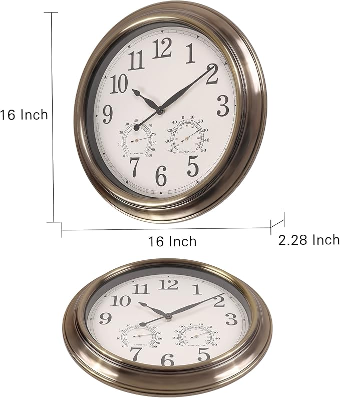 16 Inch Outdoor Clocks, Metal-Frame Outdoor Clocks Waterproof, Silent Outdoor Wall Clock for Patio Pool, Bronze