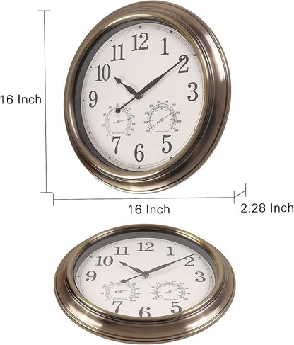 16 Inch Outdoor Clocks, Metal-Frame Outdoor Clocks Waterproof, Silent Outdoor Wall Clock for Patio Pool, Bronze