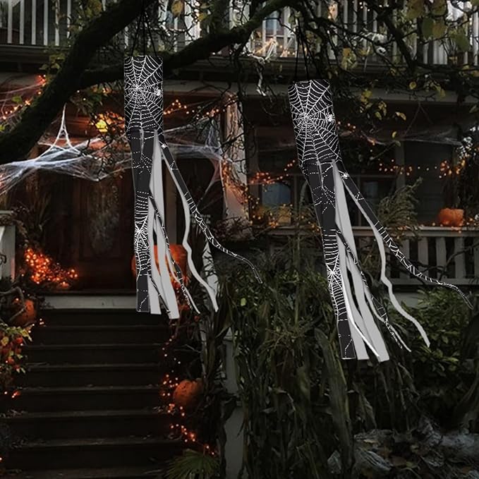 Jeiento Halloween Black Spider Web Windsock Pack of 2 Halloween Windsocks Decoration 40 Inch Wind Socks for Front Yard Patio Lawn Garden Party Decor