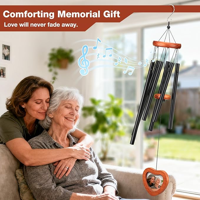 26'' Personalized Wind Chimes with Heart-Shaped Photo Frame - Deep Tone Memorial Wind Chimes for Outside Unique, Sympathy Chime for Loss of Loved One or Pet, Outdoor & Indoor Metal Chime - Black