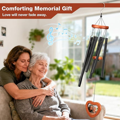 26'' Personalized Wind Chimes with Heart-Shaped Photo Frame - Deep Tone Memorial Wind Chimes for Outside Unique, Sympathy Chime for Loss of Loved One or Pet, Outdoor & Indoor Metal Chime - Black