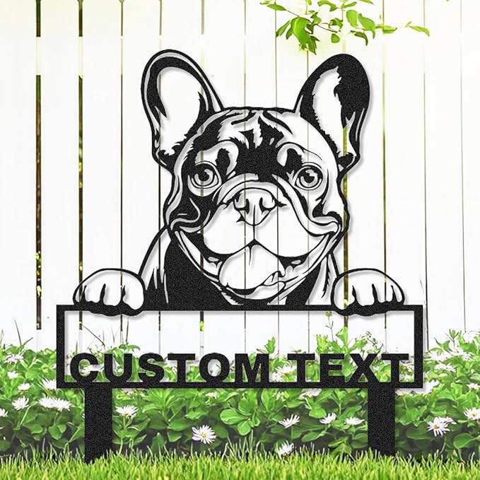 Personalized French Bulldog Garden Sign with Stakes, Custom Dog House Decor Metal Yard Stake Welcome Sign for Outdoor Patio Lawn Art Farmhouse Decorative Garden Plaque Housewarming Gift