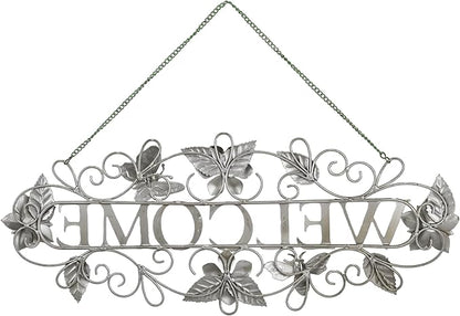 Queltharion 23.6'' L Vintage Metal Welcome Sign Hanging Decor Rustic Distressed Butterfly Bee Flora Welcome Wall Art Decoration for Outdoor Front Door Garden Farmhouse Porch Patio Yard Plaque Pink