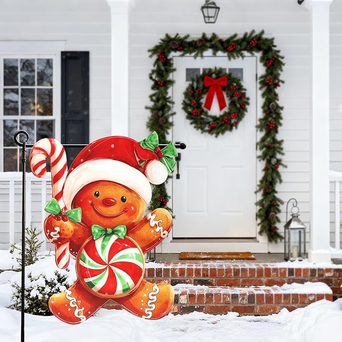 Christmas Garden Flags 12x18 Inch Double Sided, Xmas Gingerbread Man Yard Flag for Outside, Winter Seasonal Outdoor Decoration Farmhouse Front Porch Holiday Decor