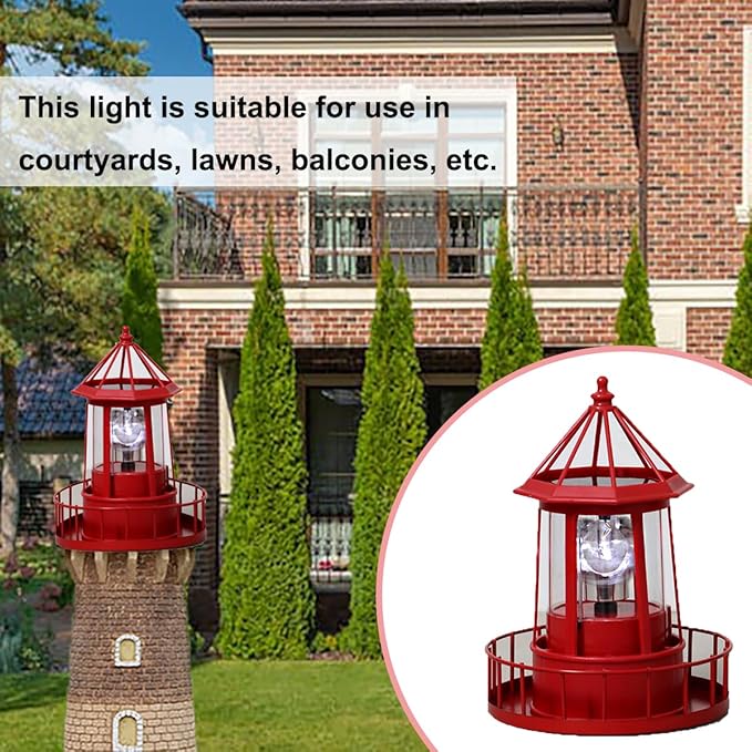 LED Solar Powered Lighthouse, 360 Degree Rotating Lighthouse Lamp, IP66 Waterproof LED Solar Lights Towers Statue for Outdoor Garden Pathway Patio(Red)