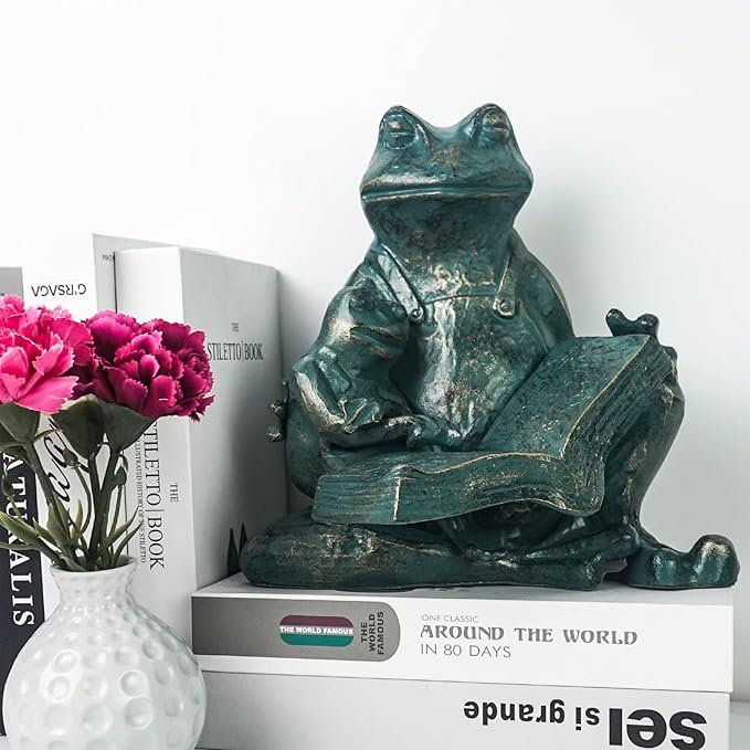 DreamsEden Metal Frog Garden Statue, Funny Mother and Kid Frogs Reading Sculpture for Outdoor Decor Yard Lawn Decorations, 10''H