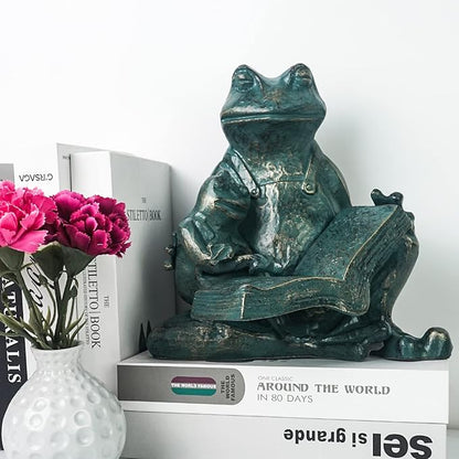DreamsEden Metal Frog Garden Statue, Funny Mother and Kid Frogs Reading Sculpture for Outdoor Decor Yard Lawn Decorations, 10''H