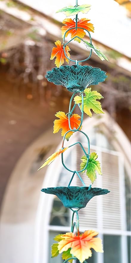 Fall Color Maple Leaf and Cup Rain Chains for Gutters, Rain Chains for Outside 8.5 Ft Decorative Rain Chain, Metal Rain Catcher Chain Outdoor Fall Decorations Harvest