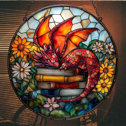 Sleeping Dragon on Books Acrylic Suncatcher Stained Glass Effect Window Car Hanging Christmas Ornament Indoor Outdoor Decor Garden Sun Catcher Panel for Book Lover for Women Mom Grandma