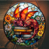 Sleeping Dragon on Books Acrylic Suncatcher Stained Glass Effect Window Car Hanging Christmas Ornament Indoor Outdoor Decor Garden Sun Catcher Panel for Book Lover for Women Mom Grandma