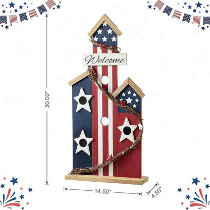 Glitzhome Patriotic Porch Sign, 4th of July Independence Day Welcome Sign, Wooden Birdhouse Design, 30" Farmhouse Rustic Porch Board for Memorial Day Front Door, Patio, and Yard Party Decor