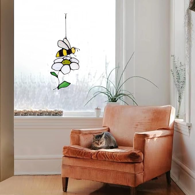 Bee Suncatcher Flower Stained Glass Window Hangings, Bees Decor Party Birthday Bee Gifts for Women,Bee Lovers, Housewarming Gifts.