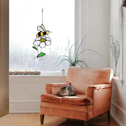 Bee Suncatcher Flower Stained Glass Window Hangings, Bees Decor Party Birthday Bee Gifts for Women,Bee Lovers, Housewarming Gifts.