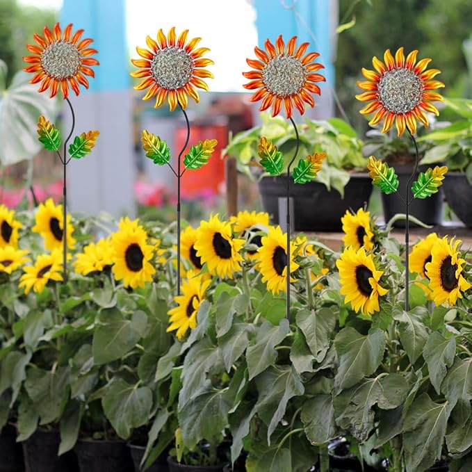 Garden Decor for Outside,Metal Sunflower Garden Stakes Lawn Ornaments Decorative Spring Decor 4 Pcs,Yard Art for Outdoor Lawn Patio Pot Decoration