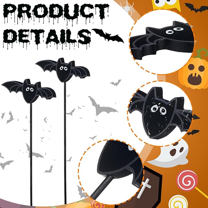 6 Pcs Halloween Bat Garden Stake Spooky Yard Decor Wood Bat Plant Stakes for Halloween Indoor Outdoor Lawn Porch Pathway Patio Decoration
