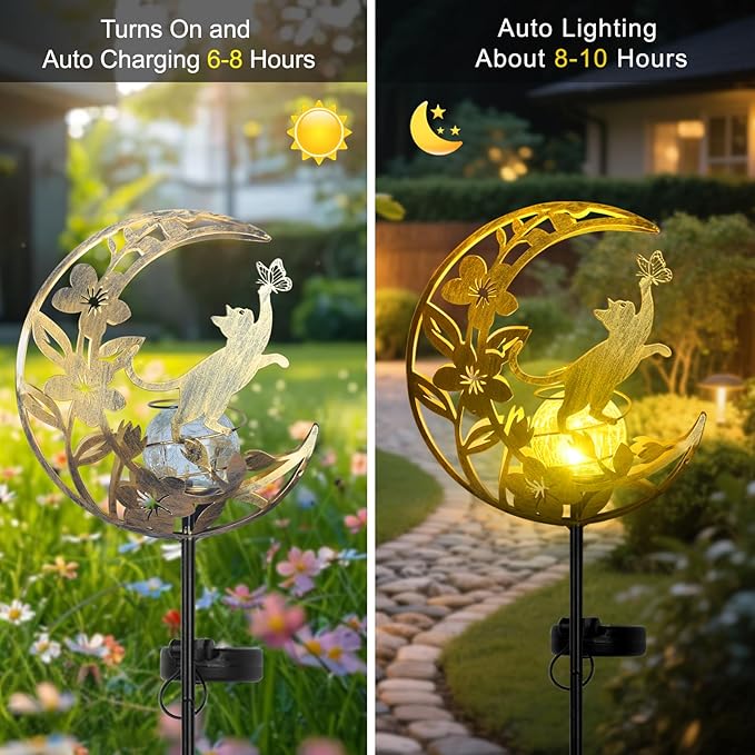 Moon Cat Waterproof Outdoor Cat Lover Solar Light for Garden, Yard, Patio Decor, Auto On/Off, Long-Lasting Battery, Unique Gift for Women Mom, Grandma, Christmas