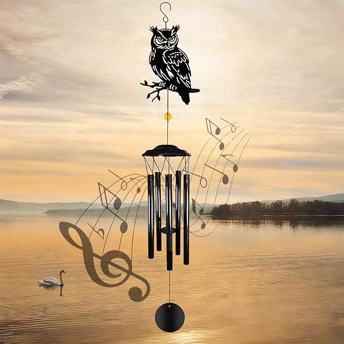 Owl Wind Chimes for Outside - Owls Windchimes Outdoors Metal Sympathy Owl Gifts for Women Mom Grandma Friend, Owls Wind Chime Outdoor Garden Patio Porch Balcony Decor (Black)