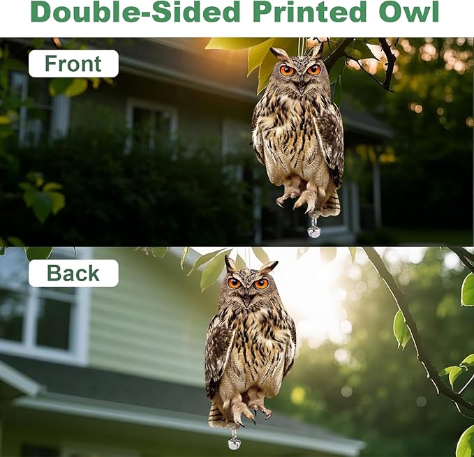 Hanging Plastic Owls for Gardens, 4PCS Reflective Hanging Owl Decoration Woodpecker Control Device with Reflective Tape, Jinging Bell for Garden Patio Windows